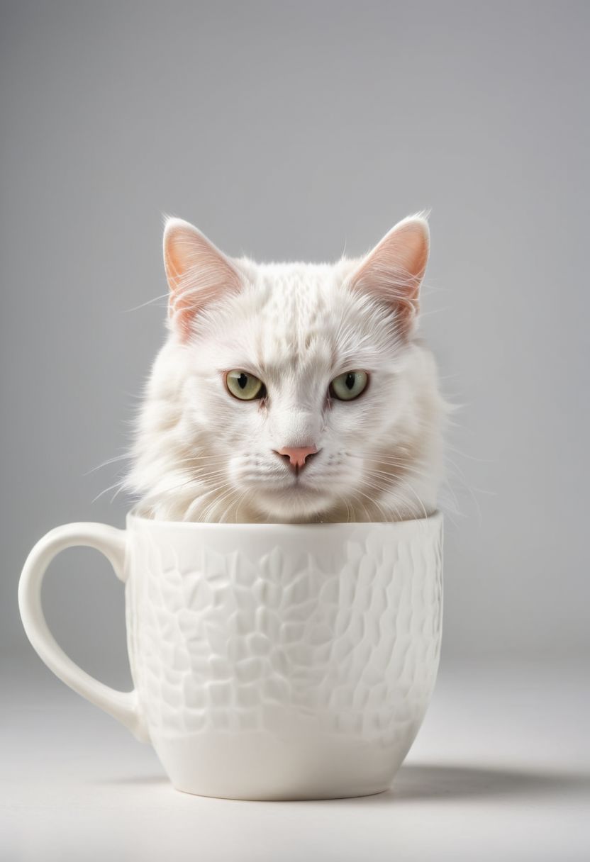 A white cat holding a mug, pattern mug, detailed mug, simple background, 8k, hd
