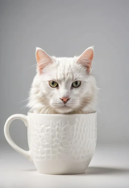 A white cat holding a mug, pattern mug, detailed mug, simple background, 8k, hd
