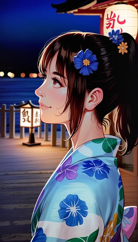 score_9,score_8_up,score_7_up,
highly detailed,highres,photorealism,realistic,
<lora:miiyamotohikari:0.9>,miiyamotohikari,
1girl,solo,black hair,ponytail,bangs,hair flower,brown eyes,yukata,floral print,looking up,smile,portrait,from side,outdoors,night,ocean,traditional japanese architecture,pavement,sea fence,paper lantern,
blurry background,