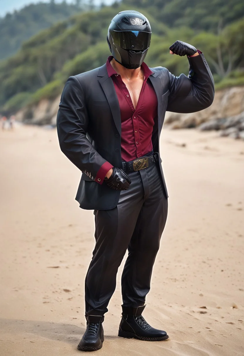 score_9, score_8_up, score_7_up, photo, photorealistic, rating_explicit, (solo:1.1), 1boy, black helmet with tinted visor, muscular male, masculine male, red glossy v neck shirt, black glossy leather blazer suit, formal, glossy pants, belt, skintight, black rubber gloves, black rubber boots, abs, nipples, pecs, flexing, proud, sweaty, outdoors beach, five digits