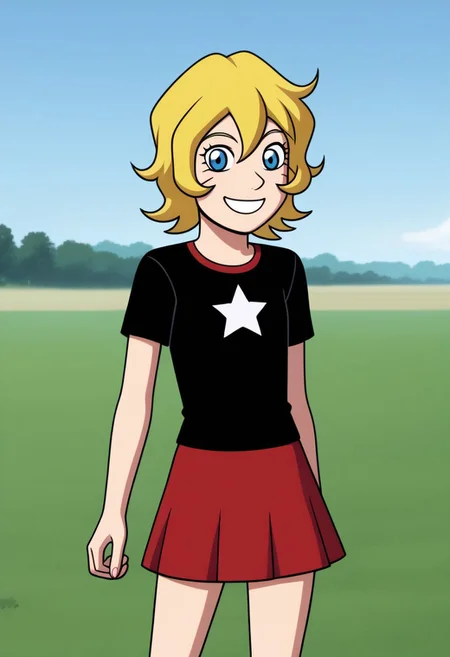 1girl, smiling, skipping through wheat field, solo BREAK chlucymann BREAK chlucymann wearing a red skirt, chlucymann wearing black star top,