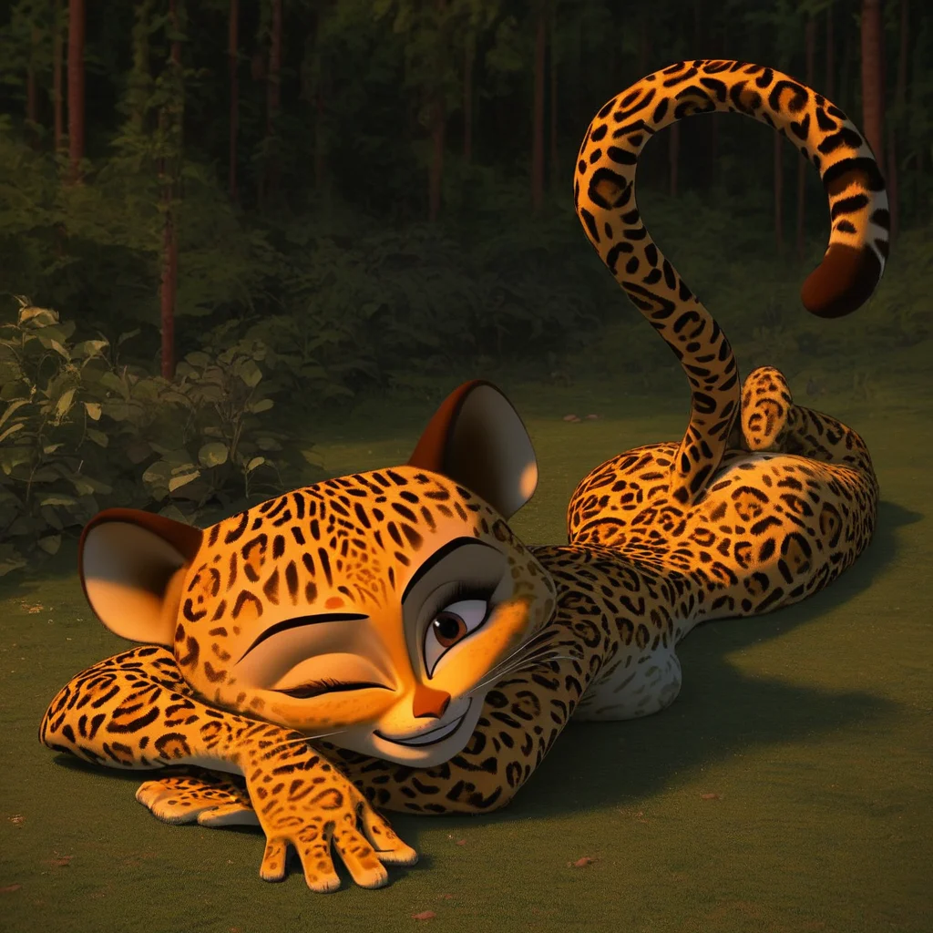 score_9, score_8_up, score_7_up, score_6_up,source_furry, anthro, feline, girl, female, jaguar, Gia, brown eyes, yellow fur color, multicolor fur, spotted fur, blue choker, brown ears, animal ears, animal tail, short legs <lora:Gia_The_Jaguar:1>, 1girl, solo, outdoors, forest, trees, lying, on stomach, looking at viewer, smile, teeth, one closed eye, winking