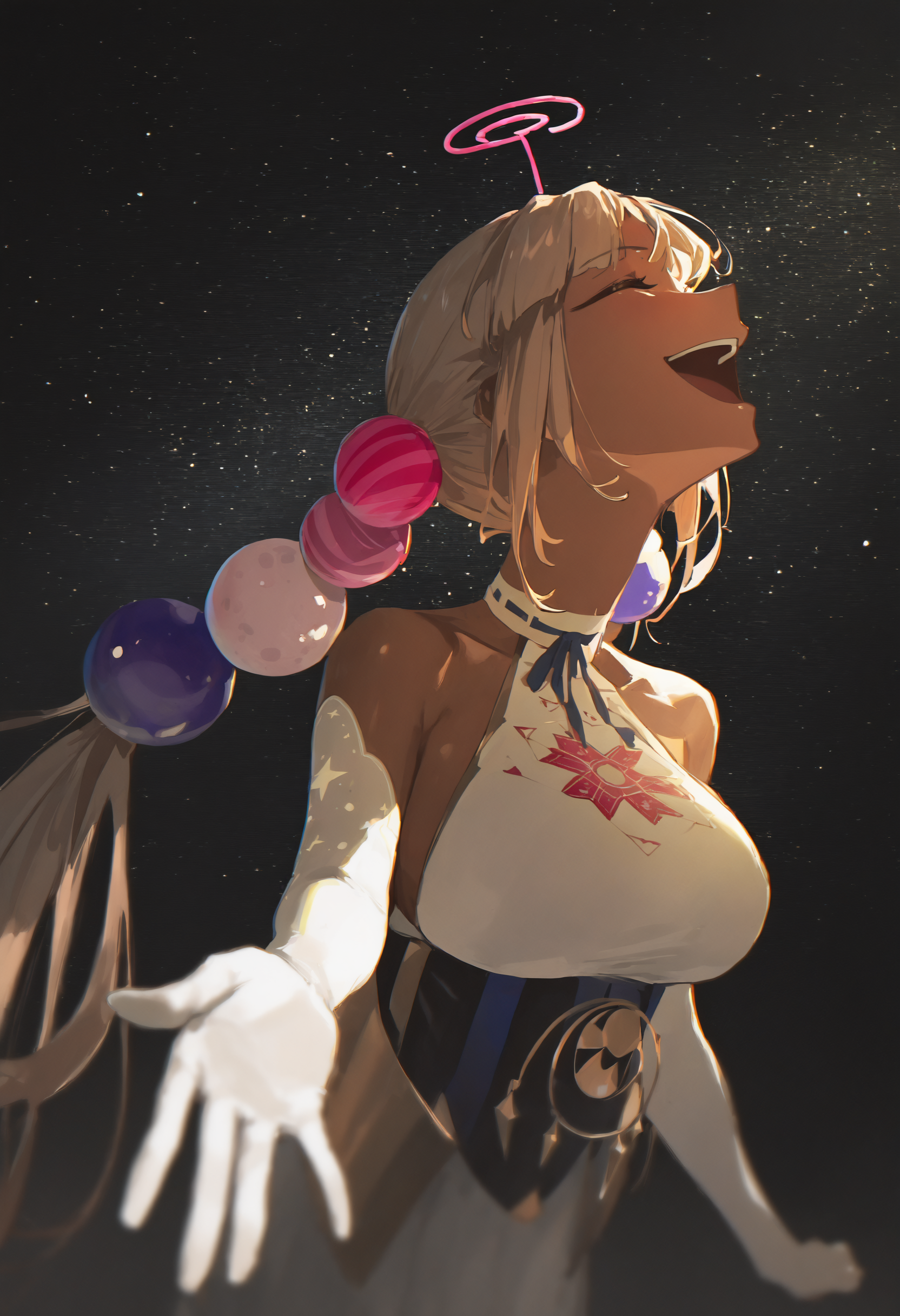 masterpiece, best quality, newest, absurdres, highres, very awa, anime screencap, no lineart, limited palette, painting \(medium\), traditional media, ambient occlusion, depth of field, simple background, tsukumo sana, 1girl, planet hair ornament, dark-skinned female, virtual youtuber, dark skin, limiter \(tsukumo sana\), hair ornament, twintails, long hair, gloves, closed eyes, elbow gloves, solo, white gloves, breasts, space, halterneck, large breasts, very long hair, open mouth, light brown hair, underbust, smile, star \(sky\), bare shoulders, reaching towards viewer, reaching, blonde hair, upper body, upper teeth only, teeth, starry sky, nebula, painting \(medium\), traditional media