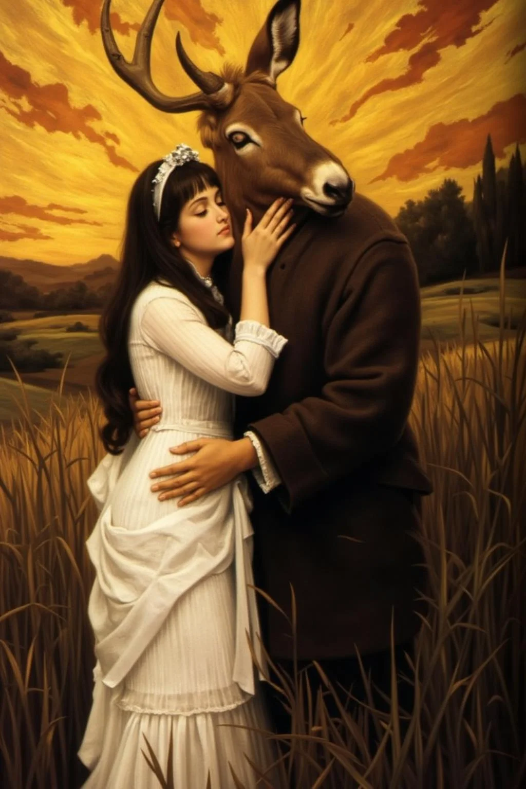 jati1 painting
A surreal, dreamlike scene with a woman and an anthropomorphic donkey embracing. The woman, with long, straight, dark hair, is dressed in a flowing white gown, symbolizing purity and innocence. She has a serene expression, with her eyes closed. The anthropomorphic donkey, is dressed in a dark brown coat, his face blending into the deer's body. He has a gentle, almost protective expression. They are standing in a stylized, abstract landscape. The background features a vibrant, swirling pattern of yellows and oranges, suggesting a sunset or a dreamy sky.
<lora:jati1_cap_d6a3:1.0><lora:817332255237095411:0>