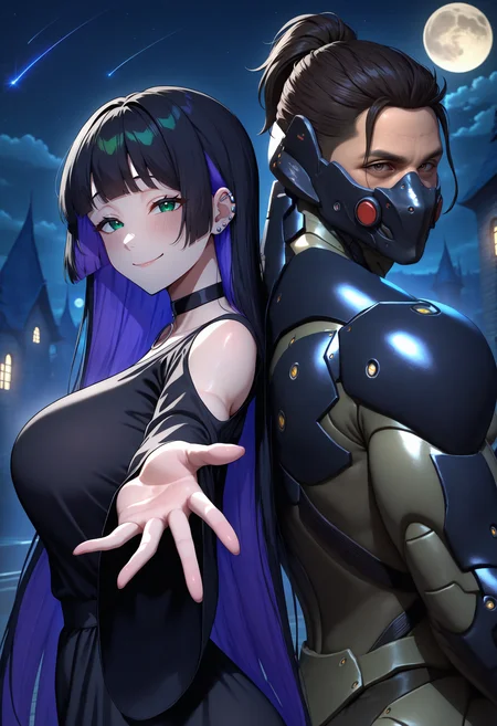 masterpiece, best quality, newest, absurdres, highres, night, dim light, dark, 1girl, pa-san, green eyes, purple colored inner hair, large breasts, ear piercing, hime cut, choker, black dress, long dress, shoulder cutout, sleeves past fingers, cloud, moon, full moon, Hogwarts, castle hill, night sky, street, shooting star, looking at viewer, blush, light smile, closed mouth, (mature female:0.65), split,upper body, back-to-back, leaning back, anime coloring, beckoning, reaching towards viewer, foreshortening,
masterpiece, best quality, newest, absurdres, highres, night, dim light, dark, 1boy, cloud, moon, full moon, Hogwarts, castle hill, night sky, street, shooting star, looking at viewer, split, upper body, back-to-back, leaning back, realistic, 3d, <lora:JetstreamSam_illusXL_Incrs_v1:0.8>, JetstreamSam, brown eyes, cyborg, bodysuit, headgear, mask, covered mouth, black armor,