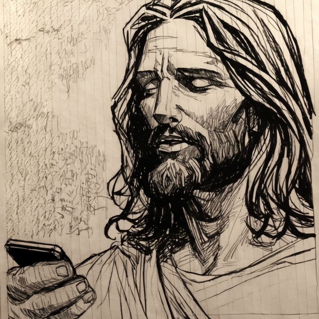 drawix17 close-up of  jesus with cell phone, black ink<lora:drawix17:1>