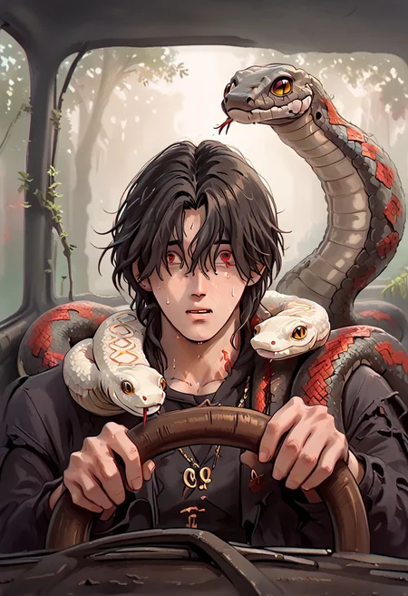 Vergilhoo,ironliliart,fiz-rot,power crashes kobeni's car (meme), car interior, holding, steering wheel, look at viewer, crying with wide eyes open, nervous sweating, from front,A man with a snake on his shoulders trying to escape, car,in a car, , human:1.2, (sn4k3, snake, snake on shoulders, upper body, FntsyPstlCE style), front_view, scaleless snake:1.6, white coloured snake:1.2, red eyes on snake, a giant wheel of fortune background:1.2, wheel with chances of getting hit written in it:1.2, wheel:1.5, city background