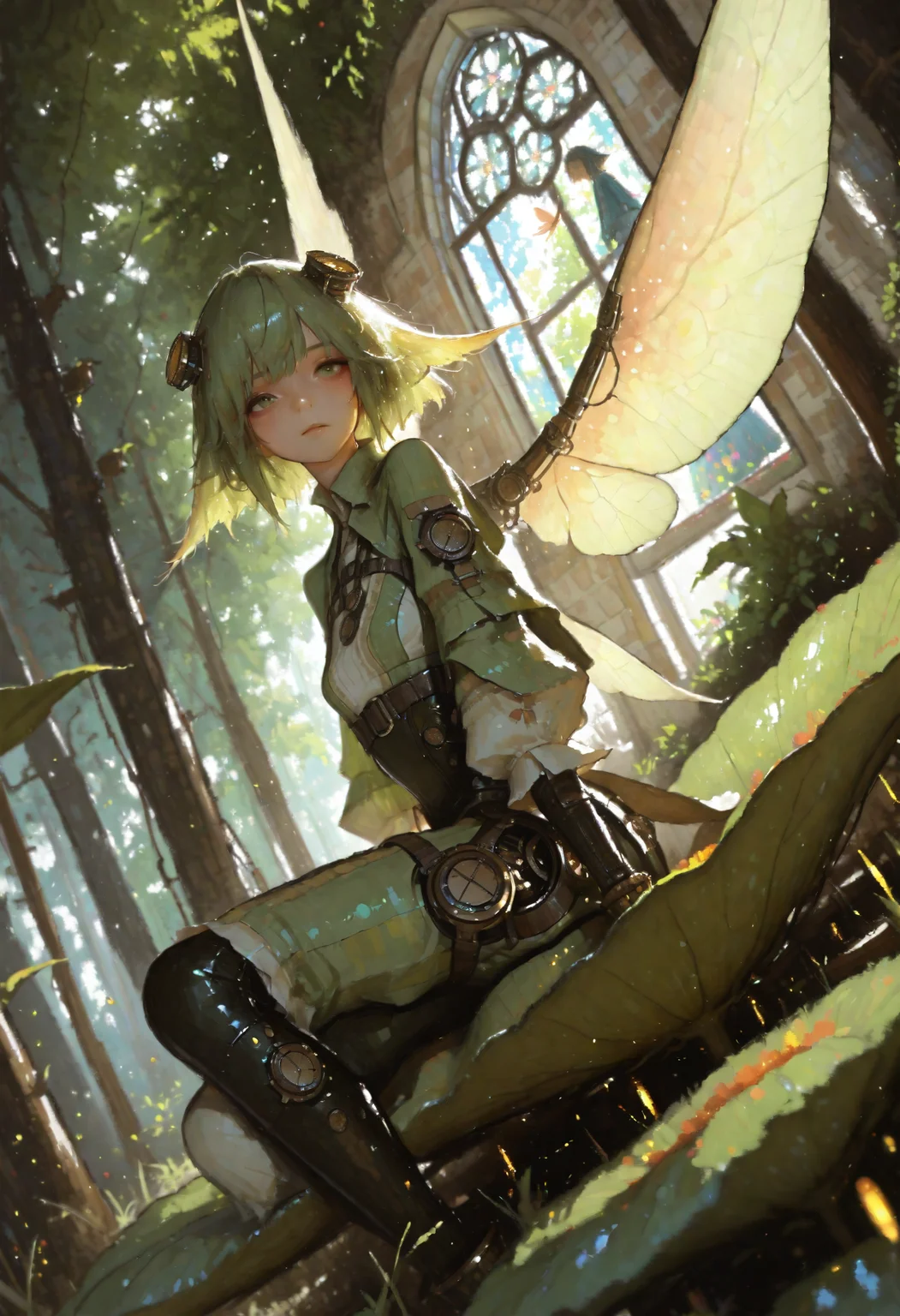 masterpiece, best quality, ultra-HD, volumetric lighting, masterpiece, best quality, absurdres, lowlighting , best quality, realistic body, dutch angle, closeup, (impressionism:1.5), volumetric lighting, masterpiece, highres, absurdres, (blurry foreground:1.2) 1girl, steampunk fairy sitting on a giant leaf, pretty face, looking at viewer, small breasts, bioluminescent wings that resemble stained glass. mix of organic and mechanical features, delicate green clothing, intricate metal gears within her wings. wide opened eyes, soft-lit enchanted forest background, glowing pollen particles, detailed eyes, detailed face, 748cmstyle, artist:moriimee,