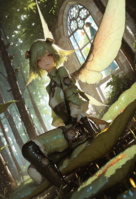 masterpiece, best quality, ultra-HD, volumetric lighting, masterpiece, best quality, absurdres, lowlighting , best quality, realistic body, dutch angle, closeup, (impressionism:1.5), volumetric lighting, masterpiece, highres, absurdres, (blurry foreground:1.2) 1girl, steampunk fairy sitting on a giant leaf, pretty face, looking at viewer, small breasts, bioluminescent wings that resemble stained glass. mix of organic and mechanical features, delicate green clothing, intricate metal gears within her wings. wide opened eyes, soft-lit enchanted forest background, glowing pollen particles, detailed eyes, detailed face, 748cmstyle, artist:moriimee,