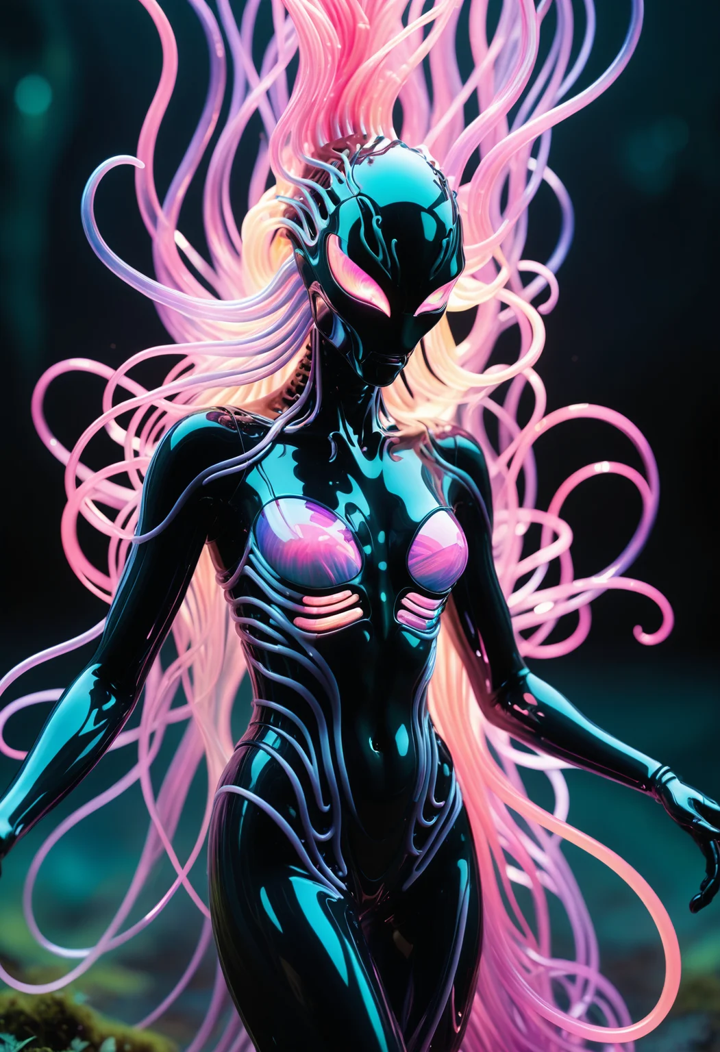 (Ombre color scheme of opal ,neon pink,neon light purple) <lora:World_of_Filaments:0.8> made of, tiny neon (glass:1.1) filaments, w0f1l, background setting of post_apocalyptic landscape, A dazzlingly shimmering sonic symbiote radiates bioluminescent hues, embodying a captivating blend of enchantment and vibrancy. Its luminescent tendrils pulsate with vivid colors, while its ethereal form undulates gracefully. This mesmerizing subject, showcased in an impeccably detailed photograph, captures the symbiote's otherworldly beauty and its harmonious connection to soundwaves. The image portrays a breathtaking kaleidoscope of colors, highlighting the symbiote's iridescent splendor against a contrasting dark backdrop. Each intricate detail is impeccably captured, immersing viewers in the symbiote's enchanting aura. The impeccable image quality beautifully accentuates the symbiote's awe-inspiring presence, transforming it into a captivating visual masterpiece.