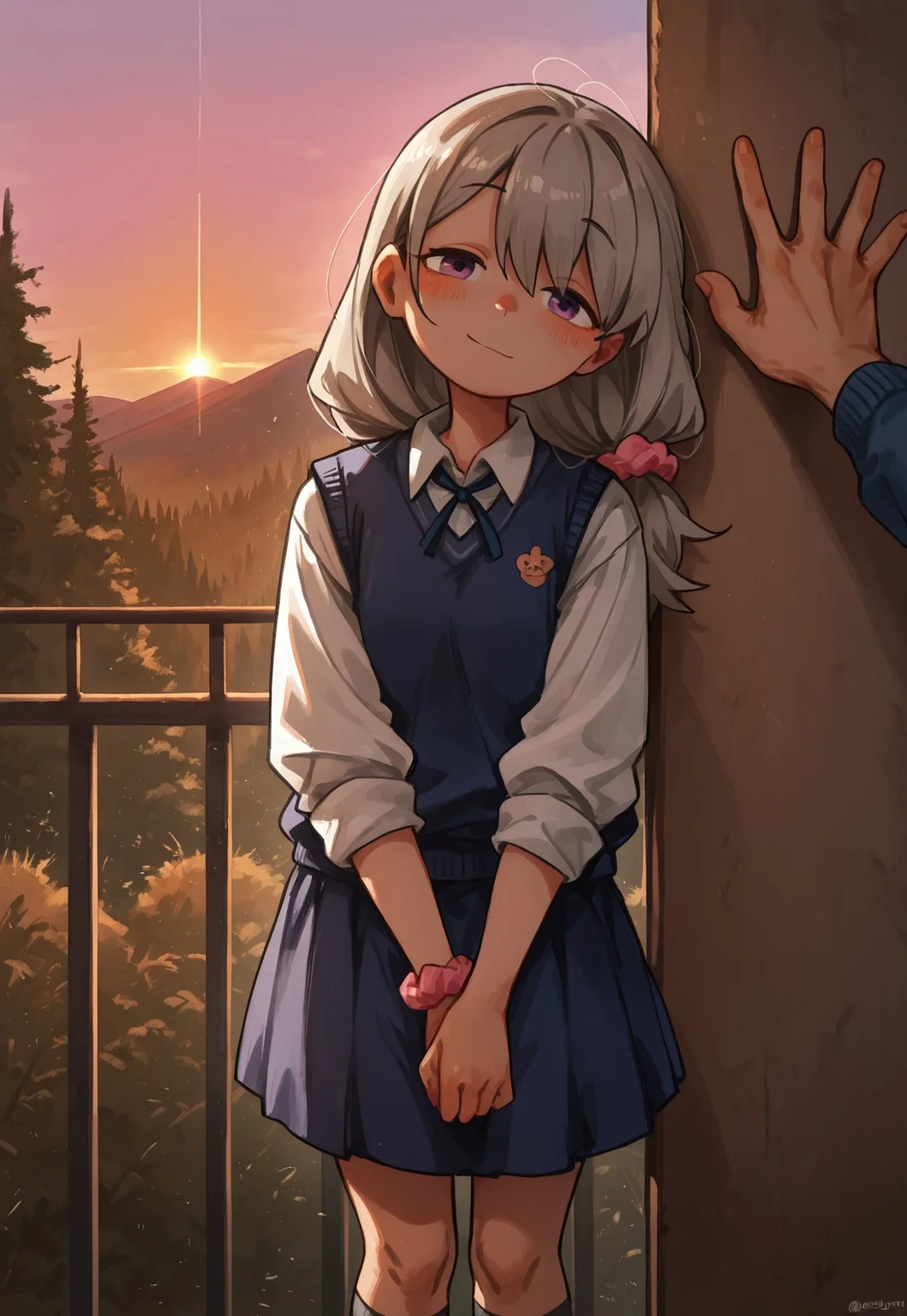 [{(khyle:0.9),(snegovski:0.8)|(uenomigi:0.8),(koto inari:0.7)|(suenari \(peace\):0.8),(porforever:0.6)}:(qiandaiyiyu:0.7),(haraya manawari:0.8):0.12], 

contrast lighting, 

1girl, Shikishima Sakurako, gray hair, blue sweater vest ,pink scrunchie, blue skirt, socks, white shirt, kneehighs,

head tilt, looking at viewer, [[blush]], {expressionless|smile}, v arms, 

povkabedon, solo focus, railing, dusk, orange sky, pink sky, forest, trees, mountains, 

masterpiece, best quality, amazing quality, very aesthetic, very awa, highly detailed,