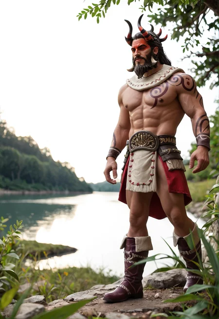<lora:beastmaster_v3:0.9> beastmaster_v3
1boy,
brown eyes,
brown hair, black hair,
facial hair, beard, mustache,
horns,
red tattoo,
muscular, abs
red mask,
neck cloth ,gloves, boots,
Leaning Pose, score_9, score_8_up, score_7_up, score_6_up, derpibooru_p_95,
detailed eyes, beautiful, detailed background, perfect eyes,
blur censor, blurry, blurry background, blurry foreground, bokeh, motion blur,
chromatic aberration, depth of field, figure, focused, focus
photography, realistic sun light and shadows, photorealism, UHD --ar 9:16 --style raw --stylize 700,
solo,
( Calm spring night landscape), amongst lush greenery, beautiful view, creeping phlox in full bloom, creeping phlox, early morning, sunrise sky, beautiful clouds, dappled sunlight, outdoor seating, one lamp, Tranquil Lake, Boat on a Lake,, from behind, dynamic angle, low angle, ass focus,horny, eager look,