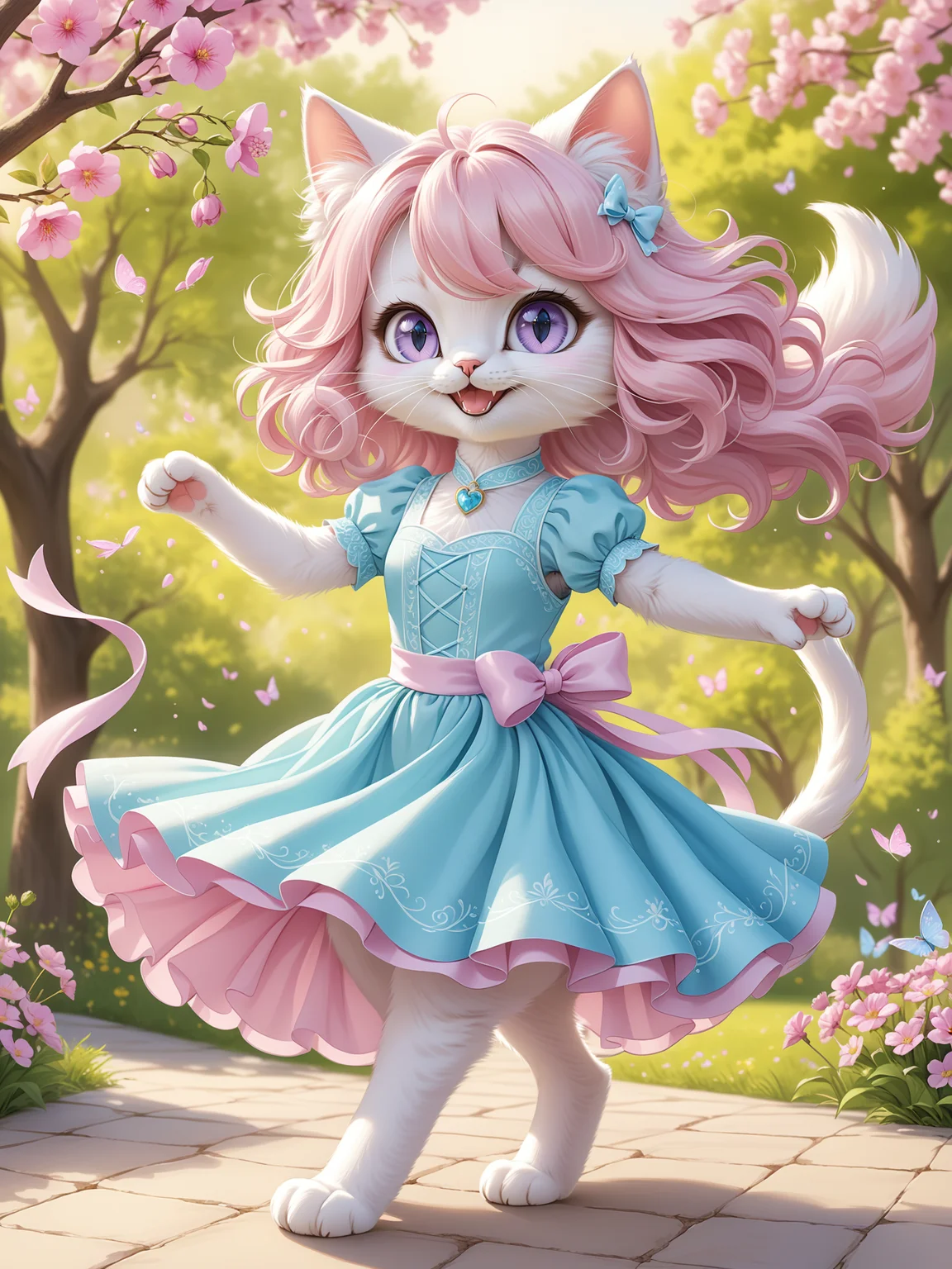 chibi pastel-colored cat character, beautiful hair, furry female, beautiful dress, soft pastel background, dreamy setting, gentle lighting, whimsical, playful, detailed, high contrast, hyper-realistic, charming, joyful, imaginative, high-definition, soft focus, light-hearted, cute atmosphere, BREAK
no humans, dancing, skirt, wind flowing, persian cat