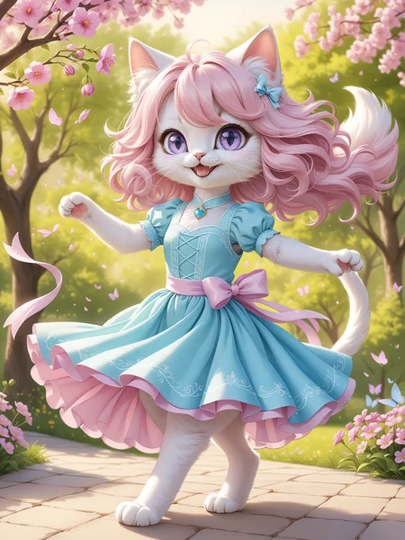 chibi pastel-colored cat character, beautiful hair, furry female,   beautiful dress, soft pastel background, dreamy setting, gentle lighting, whimsical, playful, detailed, high contrast, hyper-realistic, charming, joyful, imaginative, high-definition, soft focus, light-hearted, cute atmosphere, BREAK 
no humans, dancing, skirt, wind flowing, persian cat