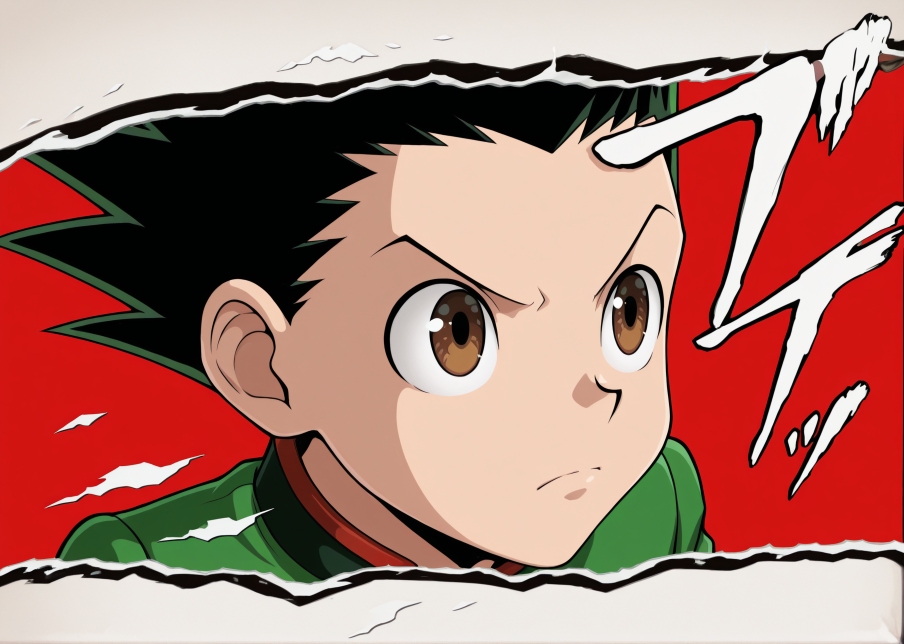 masterpiece, best quality, absurdres, amazing quality, 1boy, solo,  <lora:IlluGon-000010:1> illugon, black hair, green hair, spiked hair, brown eyes,  <lora:PersonaCutIn_Noob_Incrs_v1:1> letterboxed, sound effects, style parody, cut-in, simple background, border, facing to the side, v-shaped eyebrows, serious,