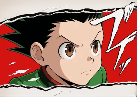 masterpiece, best quality, absurdres, amazing quality, 1boy, solo, <lora:IlluGon-000010:1> illugon, black hair, green hair, spiked hair, brown eyes, <lora:PersonaCutIn_Noob_Incrs_v1:1> letterboxed, sound effects, style parody, cut-in, simple background, border, facing to the side, v-shaped eyebrows, serious,