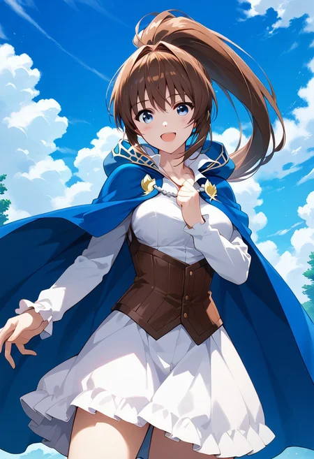 score_9,score_8_up,score_7_up,source_anime, Rin Azuma,1girl,solo,long hair,breasts,looking at viewer,blush,smile,open mouth,blue eyes,skirt,brown hair,dress,medium breasts,ponytail,:d,sky,day,cloud,cape,blue sky,corset,blue cape,