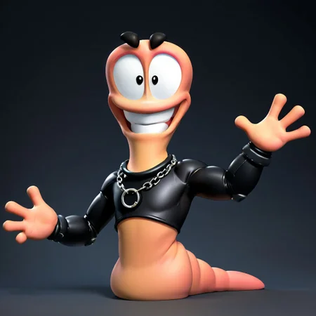 worm, render, solo, 1worm, [anthro], ((worm face)), worm head, body shape similar to naga, [humanoid torso], male, arms, dog collar, worms 3d render, (worm's body covered in skintight black latex bodysuit), (bare arms), black fingerless latex gloves, tail to the left, twink, (worm tail), fullbody view of worm, legless, smile, ((closed mouth)), hands on own body