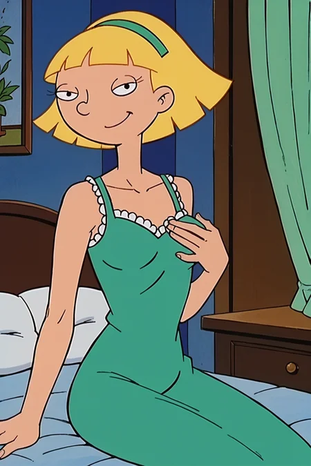 score_9_up,score_8_up,score_7_up,score_6_up,score_5_up,score_4_up BREAK olga pataki,1girl,solo,retro artstyle,blonde hair,black eyes,short hair,blunt bangs,aqua nightgown, frills, green hairband, sleeveless,indoors, curtains,smile,(arm at side,arm support:1.2,arm down),cowboy shot,looking at viewer, long dress,half-closed eyes, grabbing own breast, bed,sitting, small breasts,medium breasts, <lora:OlgaPony:1>