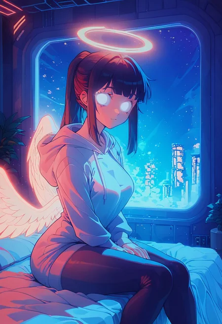 score_9,score_8_up,score_7_up,score_6_up, 1girl, 
 sitting in bed next to a large window, hands between thighs, wearing croptop hoodie, black croptop hoodie, long hair, black hair, blue strip in hair low ponytail hairstyle, angel, angelic girl, white wings, halo, glowing halo, white eyes, glowing white eyes, <lora:DetailedEyes_V3:1> <lora:add_detail:1>, pov from the side, sitting on the bed, hoodie, plants on the windowsill, looking out the window, looking away from viewer, background through window is vast space, galaxy background, wearing tights, leggings, black tights, thighs, night time, cyberpunk city view out of the window, neon light, purple neon lights, raining outside, heaving rain outside, girl is dry, no rain inside