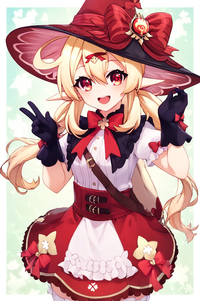 score_9, score_8_up, score_8, medium breasts, (curvy), cute, eyelashes, ,,, , ,,, zzKlee, hair between eyes, red eyes, ahoge, blonde hair, long hair, low twintails, pointy ears, twintails, witch hat, bow, gloves, short sleeves, black gloves, alternate costume, sidelocks, hat bow, <lora:KleeBlossomingStarlight_Genshin_PDXL:1.0>, ,,,, BREAK, smile, looking at viewer, cowboy shot, ,,, embedding:zPDXL, Expressiveh, ,,, <lora:PrismaIllya_PDXL_v3:1.0>, <lora:SDXLFaeTastic2400:0.5>, <lora:Expressive_H-000001:0.4>,