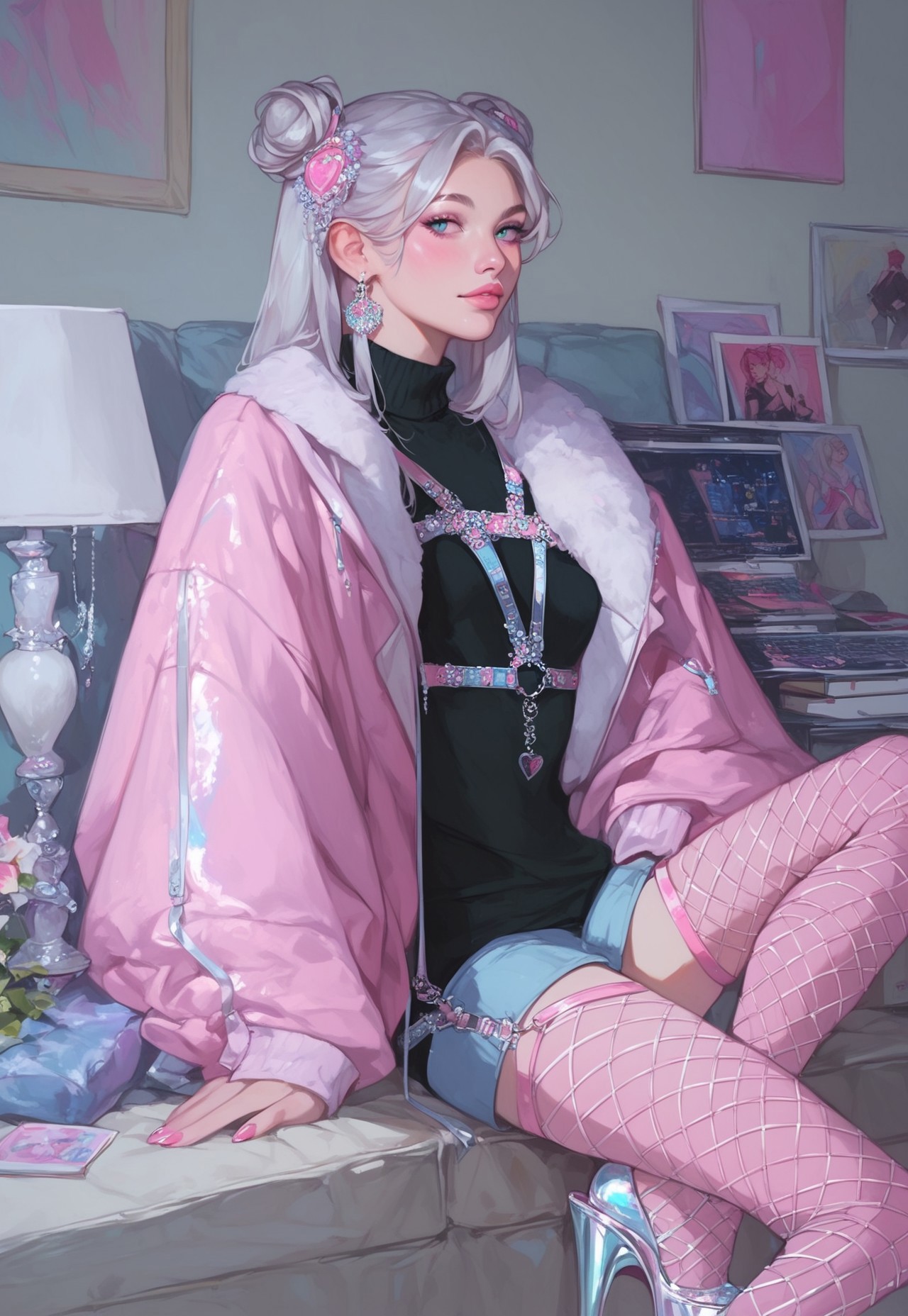  score_9, score_8_up, score_7_up, score_6_up, score_5_up, score_4_up,1girl, turtleneck sweater, black sweater, pale skin, high fashion, modern, drawing, whole body, realistic, female, barbie, extravagant, pink fur jacket with highly detailed attire, outfit , a female outfit, pink and silver dominant color, harness, choker, pink net socks, lots of details, lost of clothing details, silver accessories, platform heels, lots of accessories, character, minimalistic, eye catching, stunning, fashion sense, portrait, 