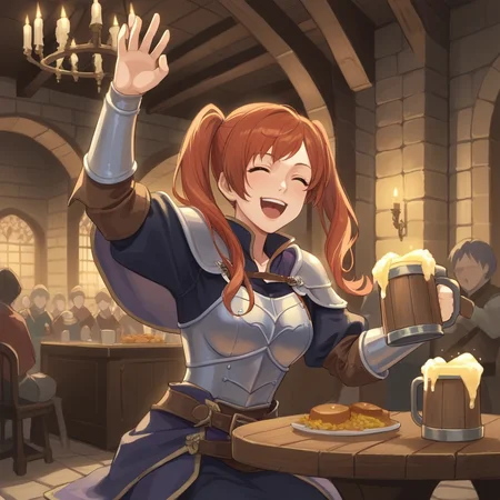 score_9, score_8_up, score_7_up, score_6_up, score_5_up, score_4_up, zPDXL2,source_anime,rating_questionable, 1girl, solo, night, night time,sitting, medieval armor,cheering, raising beer mug, excited, Robin Fire Emblem , smile, <lora:Tavern:0.7> t4v3rn, indoors, tables, window, chandelier, candles, food, crowd