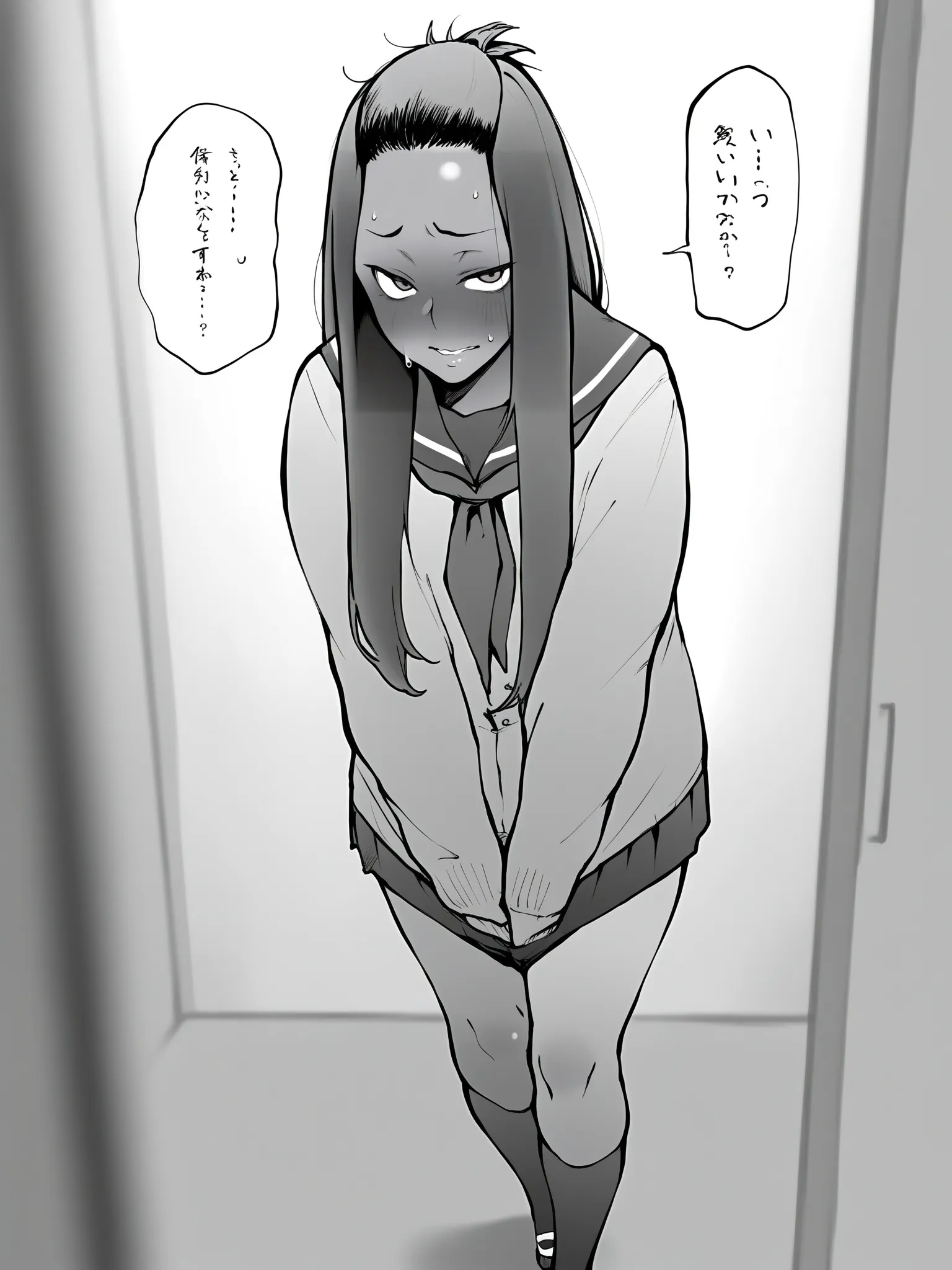 masterpiece,amazing quality, solo female, solo focus, 
 <lora:Metsuki_Warui_Kyoudan_Suruga_Kuroitsu_Hyouri_no_Omoi_Doujin_Character_And_Style_Illustrious:1>,metsuki_warui, long hair, blush, sweat, hetero, dark skin, dark-skinned female, school uniform, socks, bangs pinned back, 1girl, standing, looking at viewer,