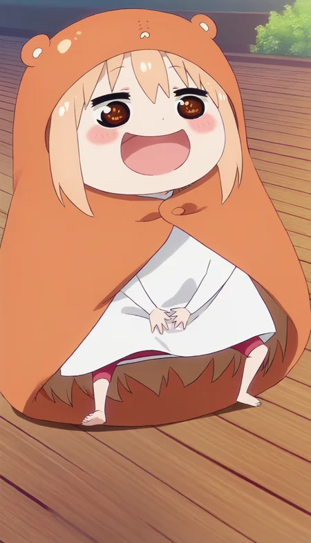 score_9,score_8_up,masterpiece,best quality,correct anatomy,anime_source,1girl,solo,perfect eyes,perfect arms,perfect legs,perfect face,outdoors,happy,Doma Umaru-Chibi,chibi,hood,animal costume,long hair,light brown hair,sidelocks,bangs,brown eyes,blush stickers,open mouth,white shirt,pink pants,barefoot,<lora:Doma Umaru-Chibi(huc)-Pony:1.8>,