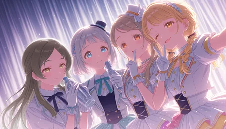 4girls, side-by-side, taking a selfie, behind stage, huge stage curtains background, closed curtains, wearing rainbow idol dress, sleeveless dress,puffy sleeves, open blazer,mini_hat hairband,frills,white gloves,layered dress,bowtie,necklace, BREAK (backlighting:1.5), dark, (light rays from curtains:1.3), (pastel theme:1.3), blurry background, (glowing:1.2), bloom, perfect hands, close-up, (dramatic lighting:1.2), (bokeh:1.3), (close-up:1.4), from side, (blurry foreground:1.2), (light particles:1.4), (sparkle background:1.3), (dutch angle:1.5), addmicrodetails, gakumas <lora:DarkSlider1.2_alpha1.0_rank16_full_300steps_illustrious:-0.85>, <lora:illustrious_quality_modifiers_masterpieces_v1:0.25>, <lora:colorful_sdxl_v2_lbw:0.75>, <lora:Dramatic Lighting SliderIL:2.75>, <lora:DynamicPoseIL2att_alpha1.0_rank4_noxattn_900steps:1>, <lora:EnvyZoomSliderXL01:3.75>, <lora:outline_xl_end:-6>, <lora:gakumas.il:0.8>, <lora:AddMicroDetails_Illustrious_v2:0.15>
ADDCOMM
((kuramoto china, gakuen idolmaster, brown eyes, very long brown hair, parted bangs):1.3), ((happy,blush,half-closed eyes,open mouth):1.3), ((double_v):1.4), (looking at viewer:1.2),
ADDCOL
((katsuragi lilja, gakuen idolmaster, blue eyes, short grey hair, ribbon braid, half up braid):1.3), ((worried eyebrows,light smile,open eyes):1.3), ((holding water_bottle):1.4), (looking at viewer:1.2),
ADDCOL
((shinosawa hiro, gakuen idolmaster, orange eyes, light_brown eyelashes, light brown hair, long hair, hairclip):1.3), ((lifted eyebrows,one-eye closed,:o,finger to mouth):1.3), ((v):1.4), (looking at viewer:1.2),
ADDCOL
((fujita kotone, gakuen idolmaster, yellow sleepy eyes, blonde hair, twin braids, skin fang):1.3), ((lifted eyebrows,one-eye closed,:o,finger to mouth):1.3), ((holding water_bottle):1.4), (looking at viewer:1.2),
