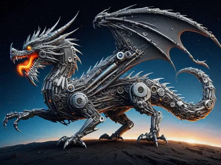 open mouth, a dragon, tail, shadow, monster, tongue, non-humanoid robot, orange eyes, star (sky) <lora:tools-world-morph:1>
