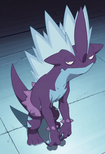 best quality, score_9, score_8_up, score_7_up, score_6_up, score_5_up, score_4_up, male, toxtricityLK,  pokemon (creature), second light, (naked:1), detailed, (solo:1.7), (feral:1.5), pokemonstyle, cool looking, smiling, blue soles, (standing up:1.2), nice angle, (above view:1.5) leaning forward, (3 toes: at each foot1.8), head close view