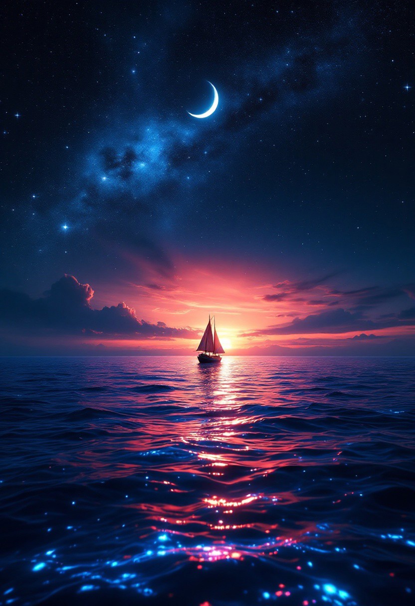 A majestic cinematic shot frames the lone ship gliding across the deep blue ocean, against the breathtaking backdrop of a fiery orange-pink sunset dissolving into inky blackness. The crescent moon casts a soft glow, illuminating the bioluminescent water's shimmer. The vast ocean and celestial sky evoke tranquility, wonder, and awe, while the solitary ship adds mystery and adventure, inviting the viewer to embark on a fantastical journey across the starry sea.