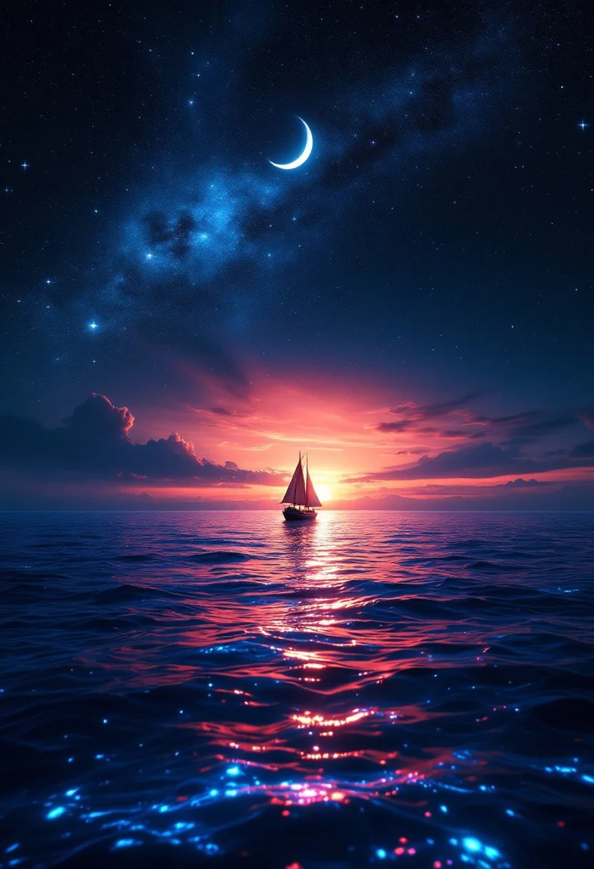 A majestic cinematic shot frames the lone ship gliding across the deep blue ocean, against the breathtaking backdrop of a fiery orange-pink sunset dissolving into inky blackness. The crescent moon casts a soft glow, illuminating the bioluminescent water's shimmer. The vast ocean and celestial sky evoke tranquility, wonder, and awe, while the solitary ship adds mystery and adventure, inviting the viewer to embark on a fantastical journey across the starry sea.