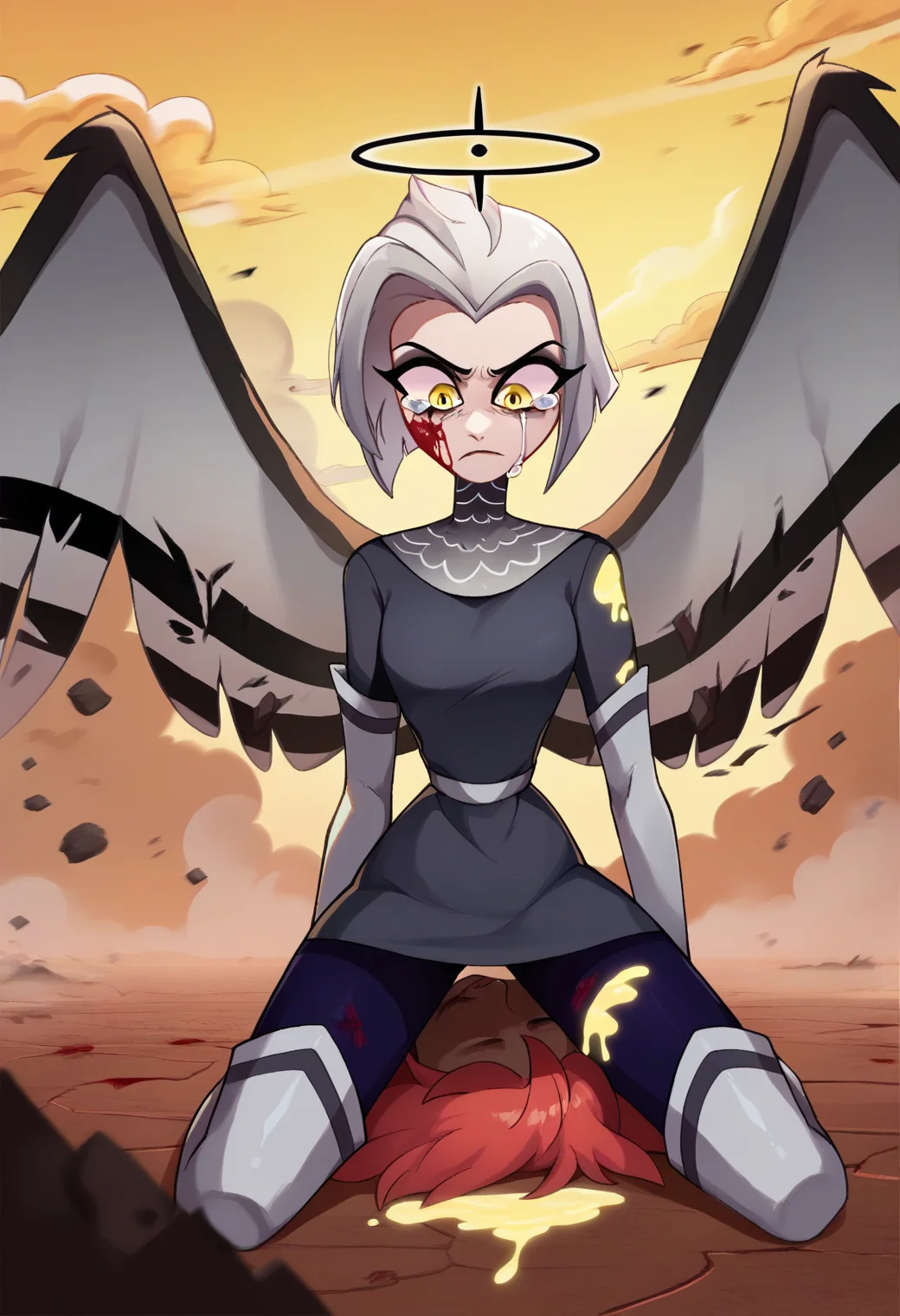 1girl, <lora:lute_hazbin_hotel_ponyxl_v1:0.9>, lute, solo, kneeling, wings, elbow gloves, grey dress, chainmail collar, purple pantyhose, white sash, thigh boots, black halo, blood on clothes, yellow sky, cloudy sky, smoke, fog, debris, dust, light rays, torn clothes, tears, looking down, arm support, (yellow blood), injury, blood on face,
BREAK
score_9, score_8_up, score_7_up, score_6_up, uncensored