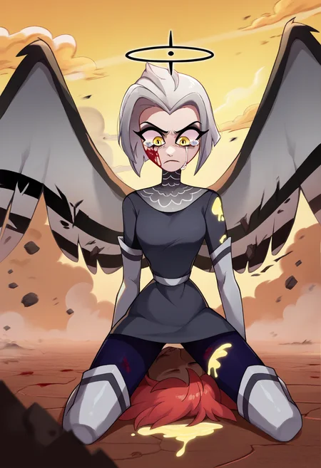 1girl, <lora:lute_hazbin_hotel_ponyxl_v1:0.9>, lute, solo, kneeling, wings, elbow gloves, grey dress, chainmail collar, purple pantyhose, white sash, thigh boots, black halo, blood on clothes, yellow sky, cloudy sky, smoke, fog, debris, dust, light rays, torn clothes, tears, looking down, arm support, (yellow blood), injury, blood on face,
BREAK
score_9, score_8_up, score_7_up, score_6_up, uncensored