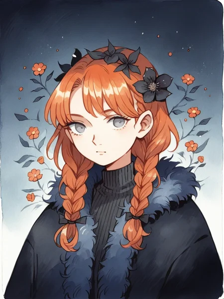 source_anime, score_9, score_8_up, score_7_up, score_6_up, score_5_up, black cat, twin braids, flower, ginger hair, grey eyes, <lora:h31k4l4XLP:1> h31k4l4, watercolor