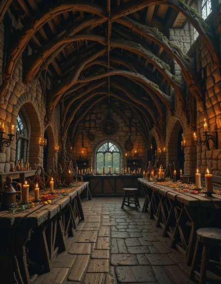 <lora:MW_Tavern01ill:1> mwt01, medieval tavern, indoors, medieval, candles lights, windows, day, arches, white, gold, black, T2, green, T8, forest, tree, vegetation, skylight, sun shades, big room, roots, colorful flowers,