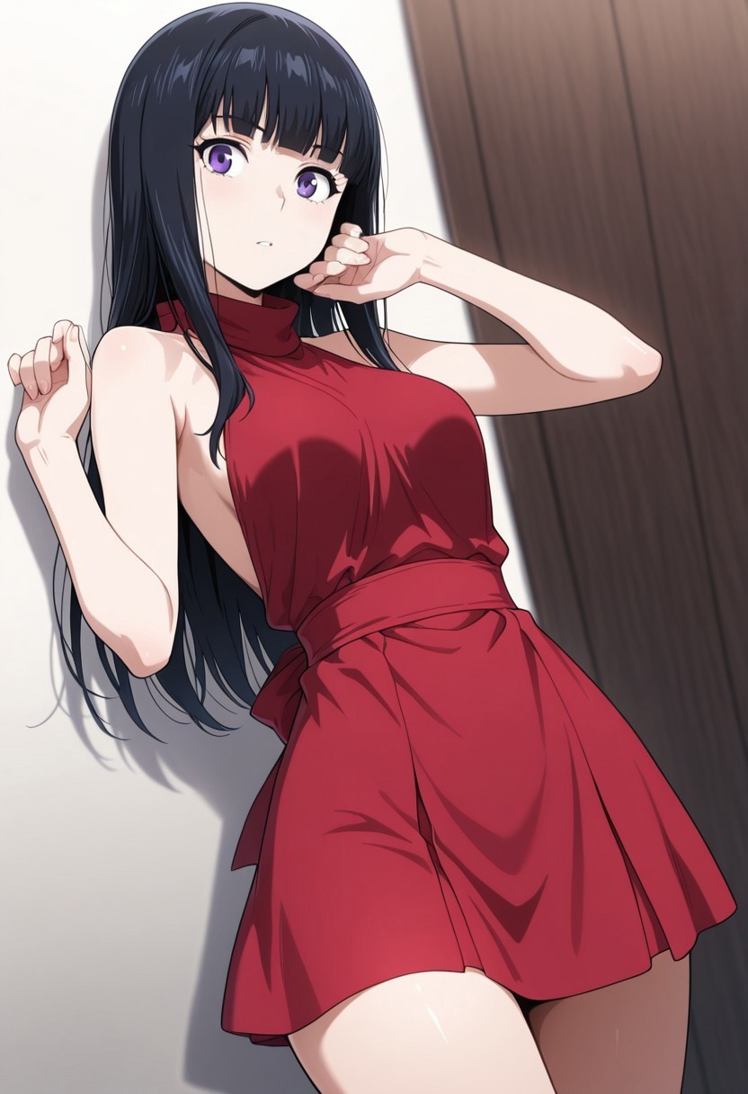 masterpiece, best quality, amazing quality,1girl, solo, BREAK
mitsukadokb,black hair,long hair,purple eyes,red sleeveless dress,
BREAK
,cowboy shot