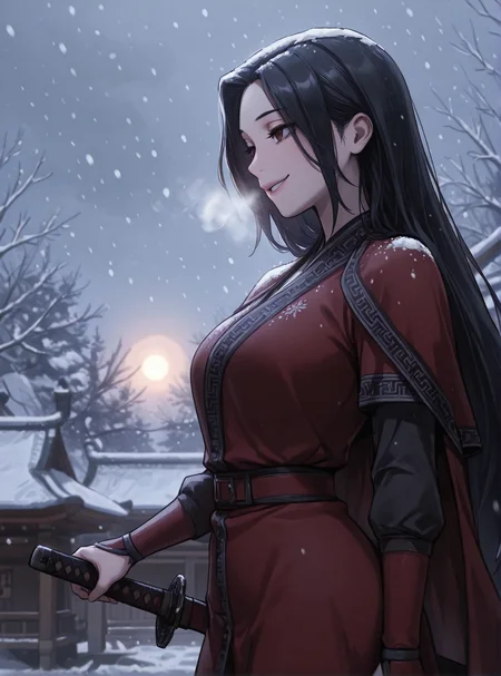 HDR,masterpiece, absurdres, newest, highres, very aesthetic, detailed eyes, fit body, godrays, ambient occlusion, soft lighting, highest quality, (volumetric lighiting:1.1), realistic skin, low lighting, trending on artstation, gothic,
adult, LGSPX, (anime screencap:1.3), anime screencap, Gu Huibi, black hair, long hair, dark red eyes, mature female,
BREAK
wide hips, side view, blue fur mantle, chocker, tight clothes, smile, hling katana, snow, cowboy shot, visible breathing,
<lora:princess_xl_v2:0.6> <lora:add-detail-xl:0.25> <lora:30_LOL:0.6> <lora:g0th1cPXL:0.4> <lora:Gu_Huibi:0.7>