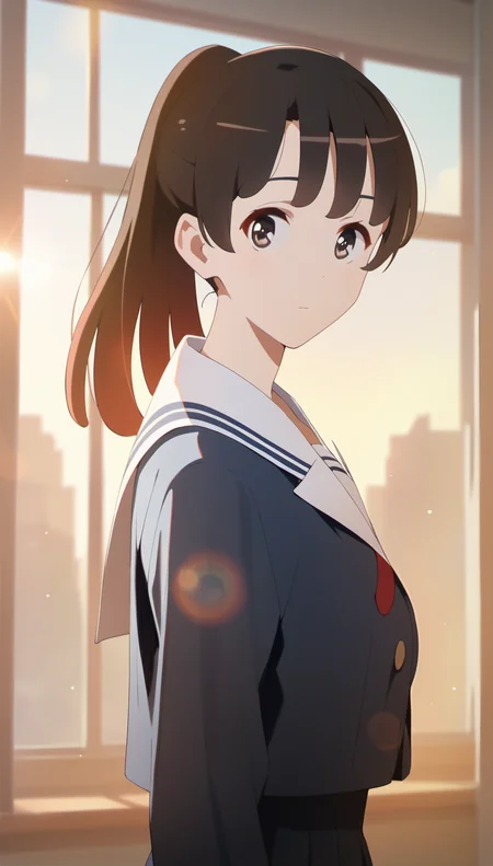 score_9,score_8_up,score_7_up,
<lora:megumikato:0.9>,
katomegumi,
1girl,solo,black hair,bangs,ponytail,brown eyes,looking at viewer,blue school uniform,red bow tie,long sleeves,portrait,
blurry background,bloom,bloom,light particles,lens flare,indoors,classroom,window,