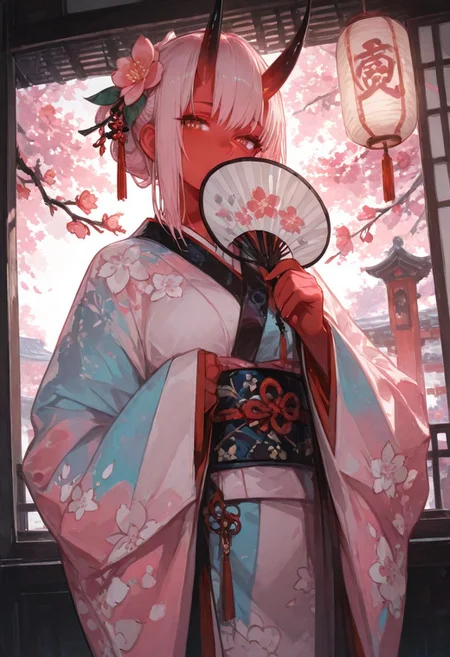 1girl, gorgeous girl , kawaii girl , cute face, masterpiece, best quality, very awa, absurdres, 748cmstyle, usnr
masterpiece, best quality, Good quality, very aesthetic, absurdres, newest,1girl, light rays, looking at viewer, sky, solo, gradient color, erotic, petals falling,
BREAK
ultra-detailed, 8K, illustration, CG, ultra-detailed-eyes, detailed background, ambient occlusion, raytracing, soft lighting, absolutely eye-catching, intricate cinematic background, beautiful face, , eyelashes, erotic, looking seductive, coy. dynamic action image, detailed face, detailed eyes, direct mesmerizing gaze, mature female, medium breast,
BREAK
sexy, slutty, hot, aroused,
Aka-Oni, oni, colored skin, red skin, smooth horns, black horns
BREAK
flirting:2.0, flower,
BREAK
(EyesHD:1.2), (4k,8k,Ultra HD), masterpiece, best quality, ultra-detailed, very aesthetic, sharp focus, depth of field, ray tracing, best lighting, detailed illustration, detailed background, cinematic, beautiful face, beautiful eyes,
BREAK
japanese clothes, layered kimono, long sleeves, sleeves past wrists, wide sleeves, print kimono, multicolored clothes, multicolored kimono, haori, hair ornament hirabitai, branch, pink flower, plum blossoms, hands up, hand fan, holding fan, covering own mouth, paper lantern,
