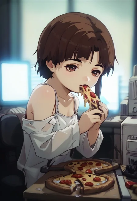 score_9, score_8_up, score_7_up, score_6, source_anime, lain, kneeling, chibi, kawaii, white camisole, (((eating pizza on computer desk, eating pizza over computer keyboard,
pizza on keyboard, side view))), dark computer room, watercooling systems, computer screens, computer room, computers, computer cables, networl cableslain's bedroom, ((low light, pitch dark)), dark night, dark ambiance, (((puddles, wet floor))), night, teddy bears background