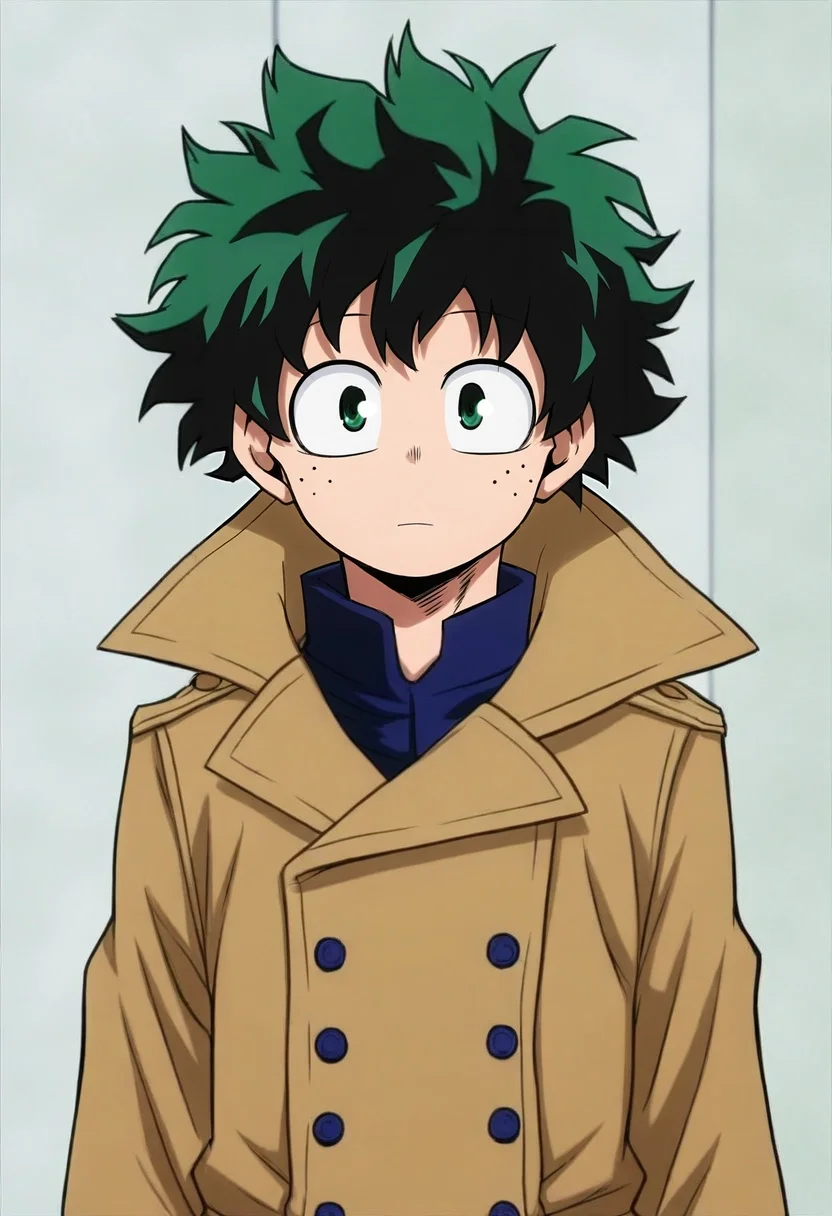 intricate details, semi-realistic, looking at viewer, , 1boy, solo, male focus, <lora:izuku_midoriya_ilxl:0.84>, izuku_midoriya, green hair, green eyes, short hair, , trench coat,