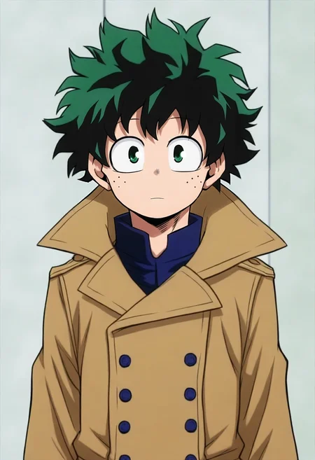 intricate details, semi-realistic, looking at viewer, , 1boy, solo, male focus, <lora:izuku_midoriya_ilxl:0.84>, izuku_midoriya, green hair, green eyes, short hair, , trench coat,