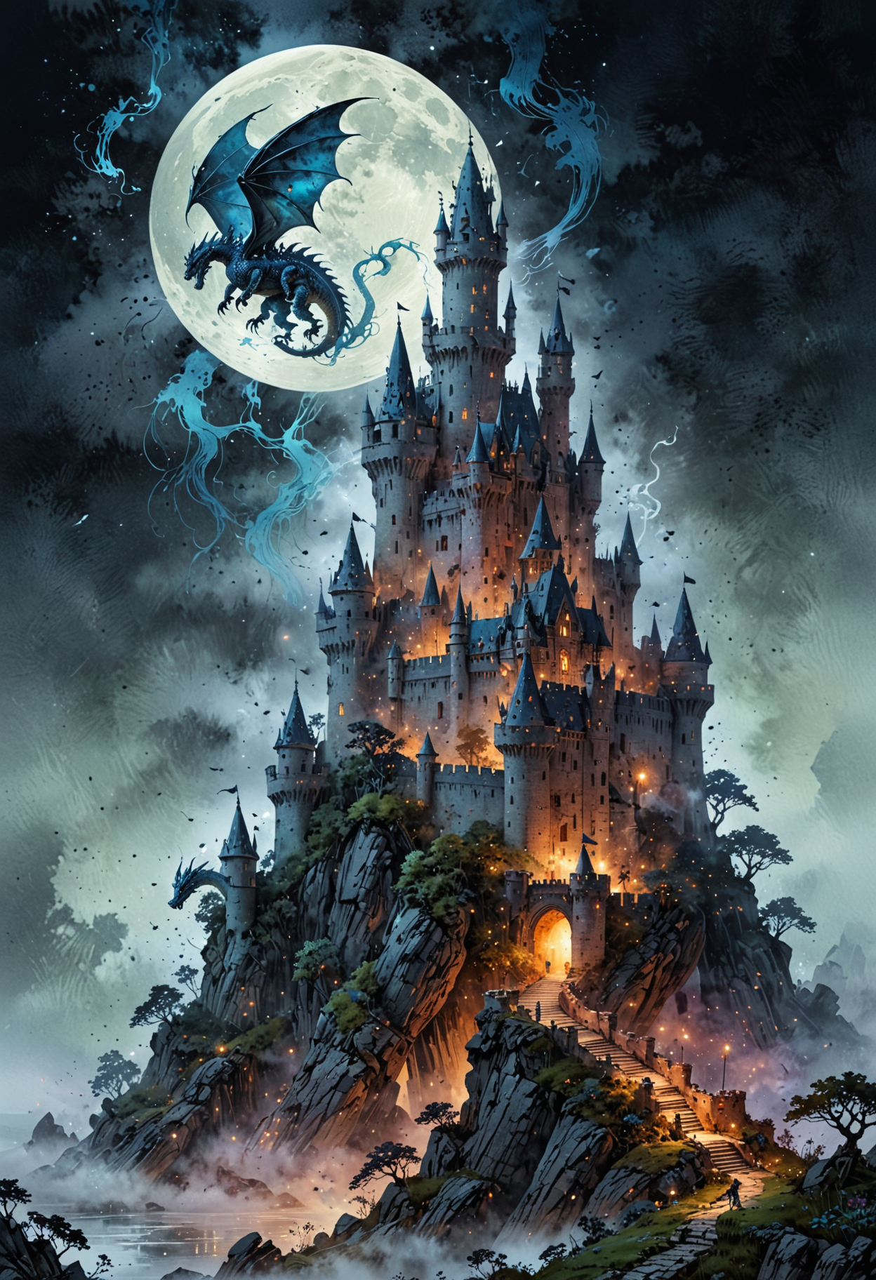 mystical land, knightâs castle, watercolor, magical, dreams, fantasy, double exposure, tiny details,extremely detailed, flying Dragon, midnight, full moon, Vibration colors, 4K, main motif in the picture on the right, fog   <lora:EpicF4nta5yXL:0.8>