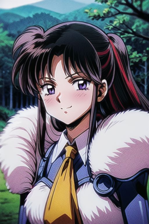 best quality 1girl Setsun4 solo long hair,  (night time) forest background black hair very long hair purple eyes multicolored hair armor, small, (fur trim) (medium body),<lora:EMS-179-EMS:0.800000>,<lora:EMS-293862-EMS:0.800000> bow, hair_bow, hair_tubes, red_bow, brown_hair, long_hair, bangs, ascot, frilled_bow, yellow_ascot, blush, smile, hair_between_eyes, athletic, armor, miko,  Smiling, happy,