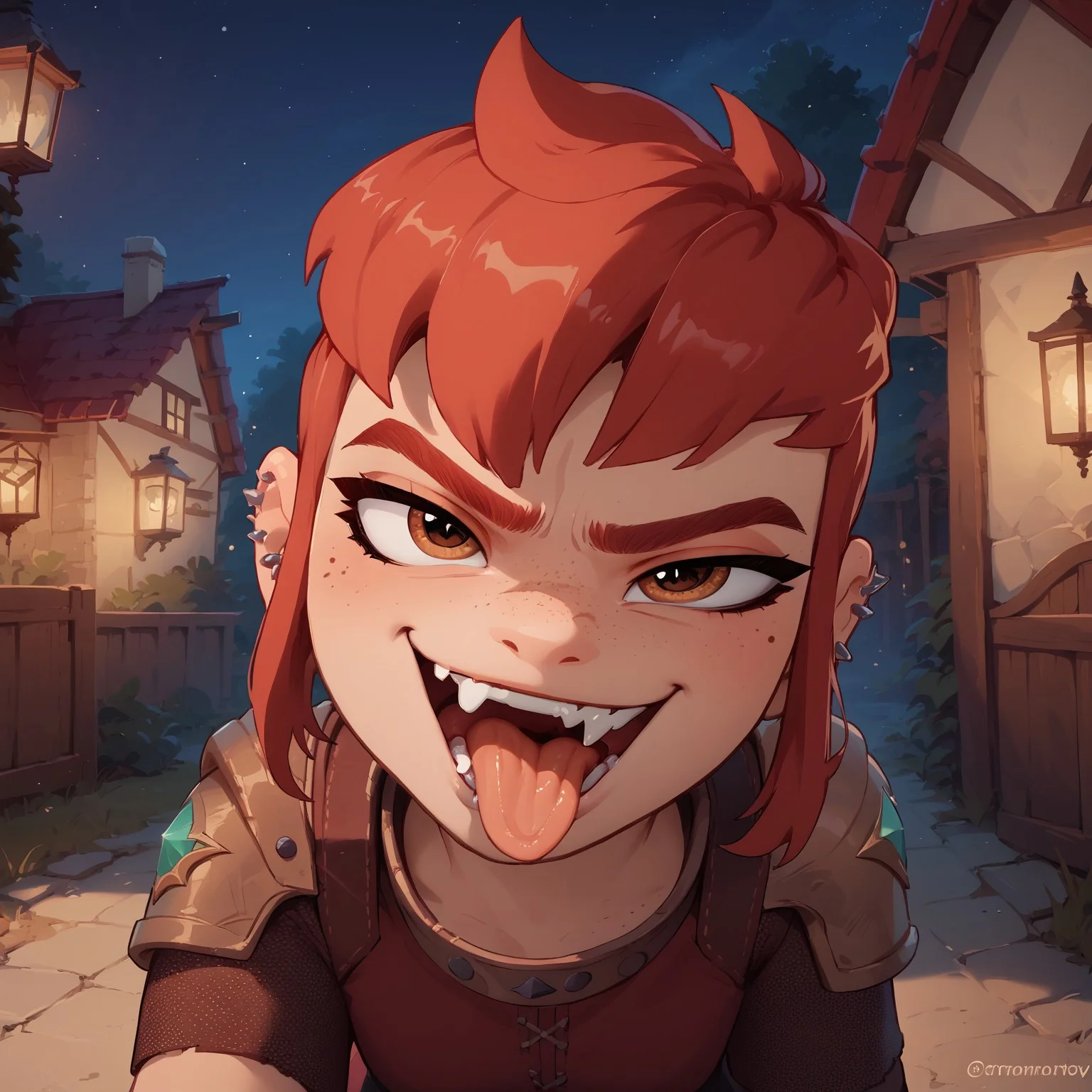 score_9,score_8_up,score_7_up,score_6_up, good_hands, better_hands, NimonaXL, short red hair, sidelocks, brown eyes, smug, open mouth, long toungue, tongue out, ear piercing, thick eyebrows, miniskirt, red tunic, cleavege, looking at viewer, fingerless gloves, shoulder armor, fang, standing, night, outdoors,<lora:Nimona:0.9> ,<lora:pony_good_hands:1> <lora:Pony_DetailV2.0:1>