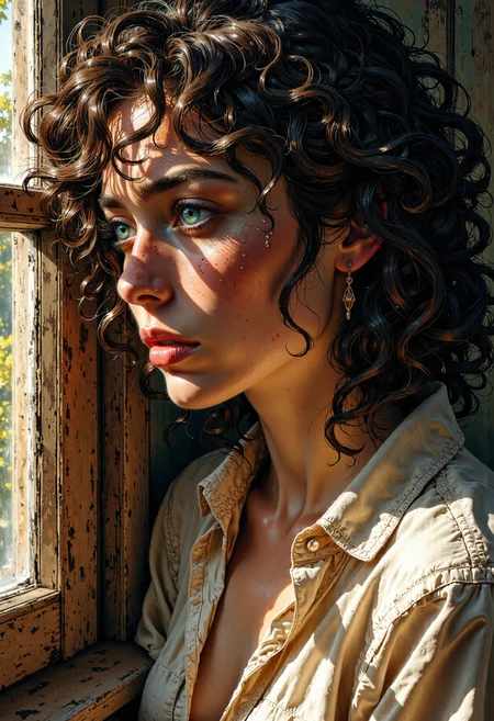 Close-up portrait of a crying woman with vibrant black curly hair illuminated by soft, warm sunlight streaming through an open window, creating a very sad atmosphere. Very Sweat. The tears roll from her blue eyes on her sad face driping on her open blouse. Her sad blue eyes, reminiscent of the stormy ocean, are filled with unspoken sorrow, reflecting a depth of emotion that runs deeper than the surface. Tears stream down her delicate cheeks. The fabric of her open white shirt, soft and slightly crumpled, clings to her trembling frame, a stark contrast to the turmoil within her. The air is thick with an emotional weight and her profound melancholy. The setting is an aged, rustic interior featuring weathered wooden walls that add texture and depth to the scene. The color palette includes warm golden hues, earthy browns, and soft whites. The woman is wearing a light, wrinkled open shirt, suggesting an intimate, natural vibe. The background features hints of greenery visible through the window, contrasting with the interior's rustic charm. The overall aesthetic is hyperrealistic, emphasizing intricate details like the play of light on her skin and the texture of her hair., l1n0c2t<lora:Flux/Linocut - s1 g4.safetensors:0.4:0.4> <lora:Flux/MysticFantasy.safetensors:0.7000000000000001:0.7000000000000001>