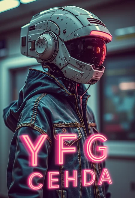 yfg-cehda poster, glow, neon, clean, high key photo, lower thirds text "YFG CEHDA", Female cyborg